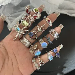 Anillos de cristal Y2K para mujer y niña, anillo ajustable de corazón Kpop, conjunto de anillos Vintage Punk de geometría Irregular, Nueva joyería de moda