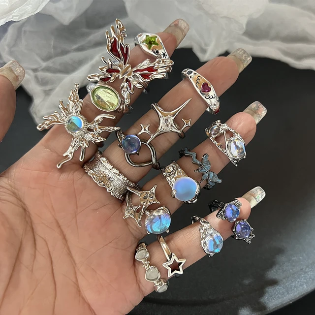 Anillos de cristal Y2K para mujer y nina anillo ajustable de corazon Kpop conjunto de anillos Vintage Punk de geometria Irregular Nueva joyeria de moda