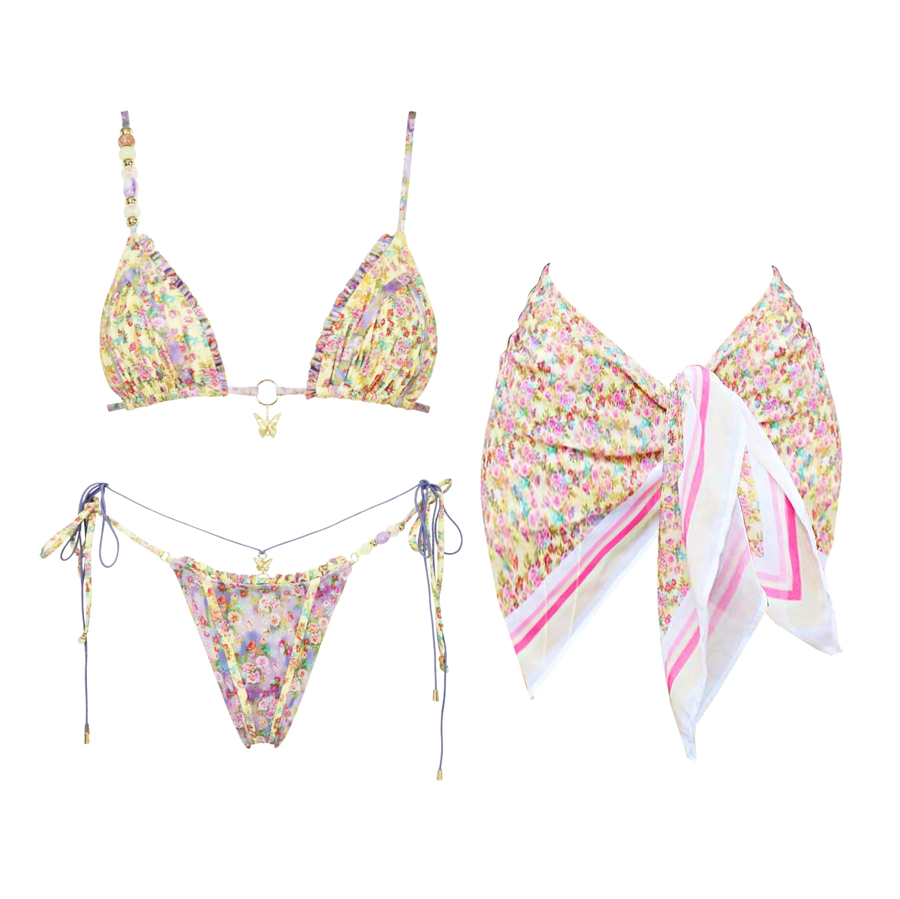 2025 Sexy Bikini Set Women Swimsuit Push Up Swimwear Female Bandeau Biquini Halter Bathing Suit Floral Print Bodysuit Beachwea