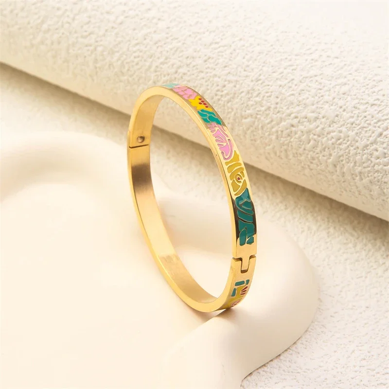 Fashion Stainless Steel Oval Bangle for Women Gold Color Geometric Colorful Enamel Painted Bracelet Wedding Jewelry