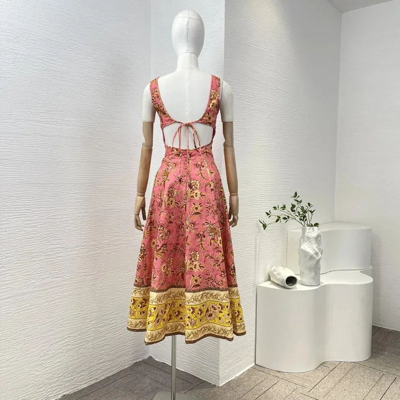 2025 Pink Hollow Back Sleeveless Midi Dress for Women