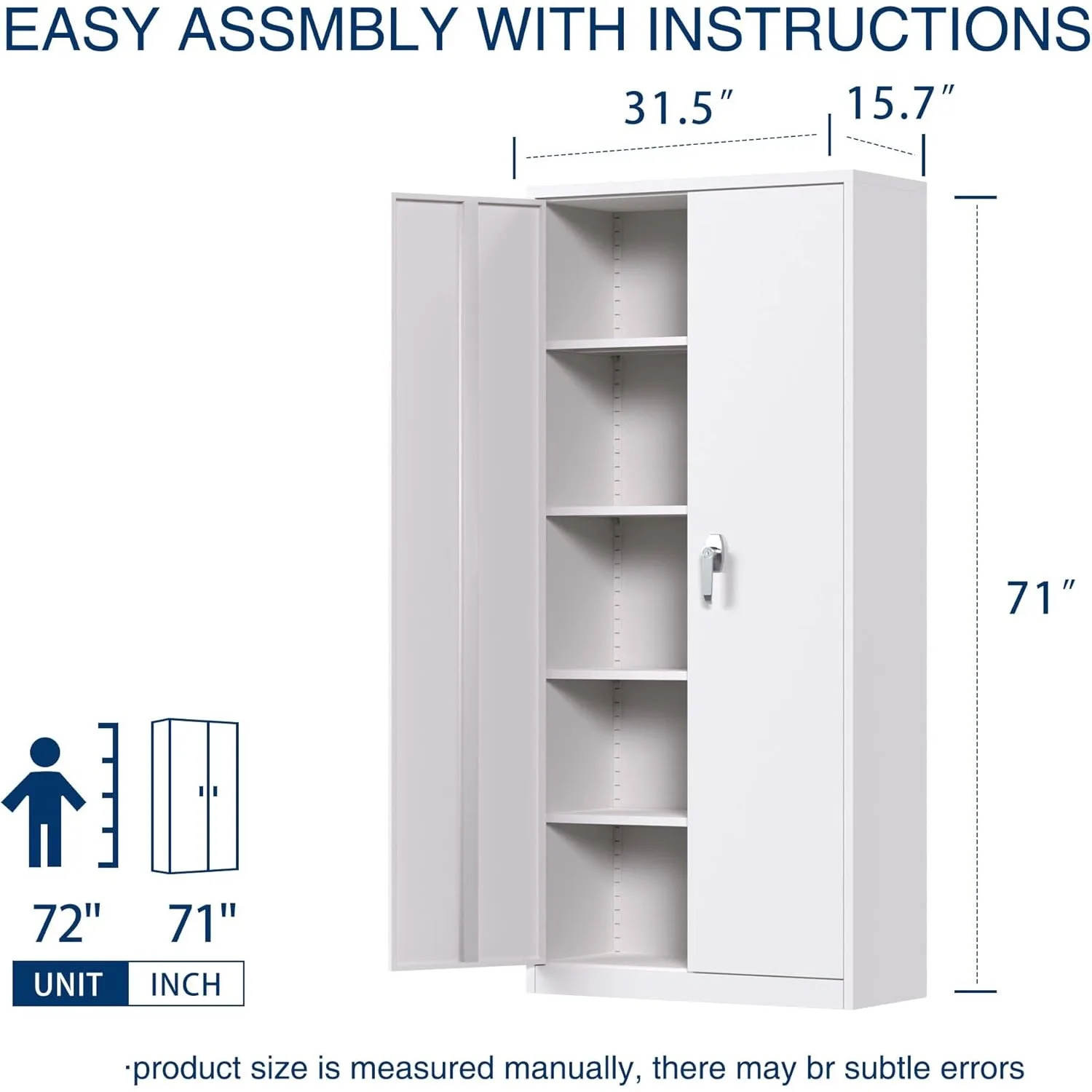 71 Inches Metal Storage Cabinet with Lock,Steel Storage Cabinet with 4 Adjustable Shelves and Locking Doors(White, Metal Handle)