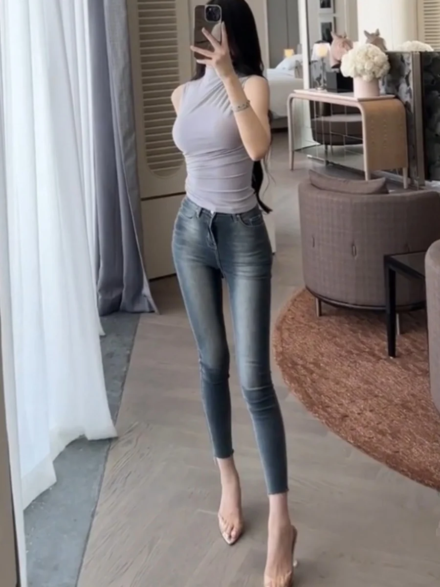 

Retro Washed Slim Fit Denim Jeans Women's High Waist Elastic Faded Stretchy Leg Lengthening High Waist Hip Lifting Frayed Ank...