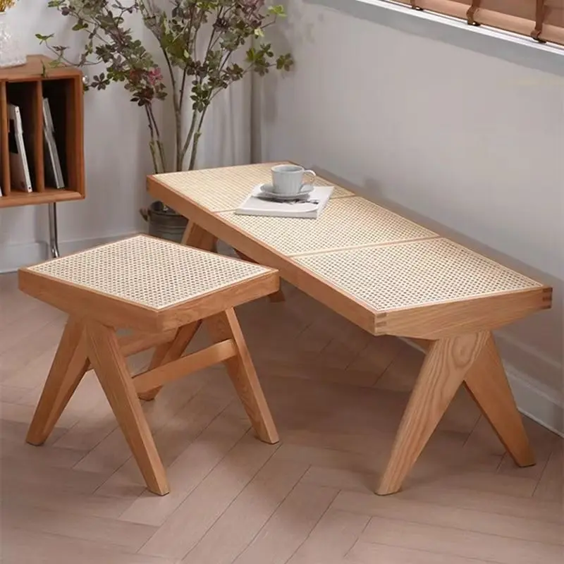 

Bench Rattan Bench Household Bedside Solid Wood Stool Wabi Silent Wind Fitting Room Door Shoe Changing Stool