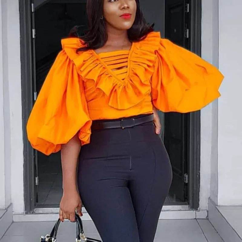 

Women Shirt Big Lantern Sleeve V Neck Ruffles Hollow Out Elegant Office Ladies Classy Orange Fashion Tops Shirt Bluas Large