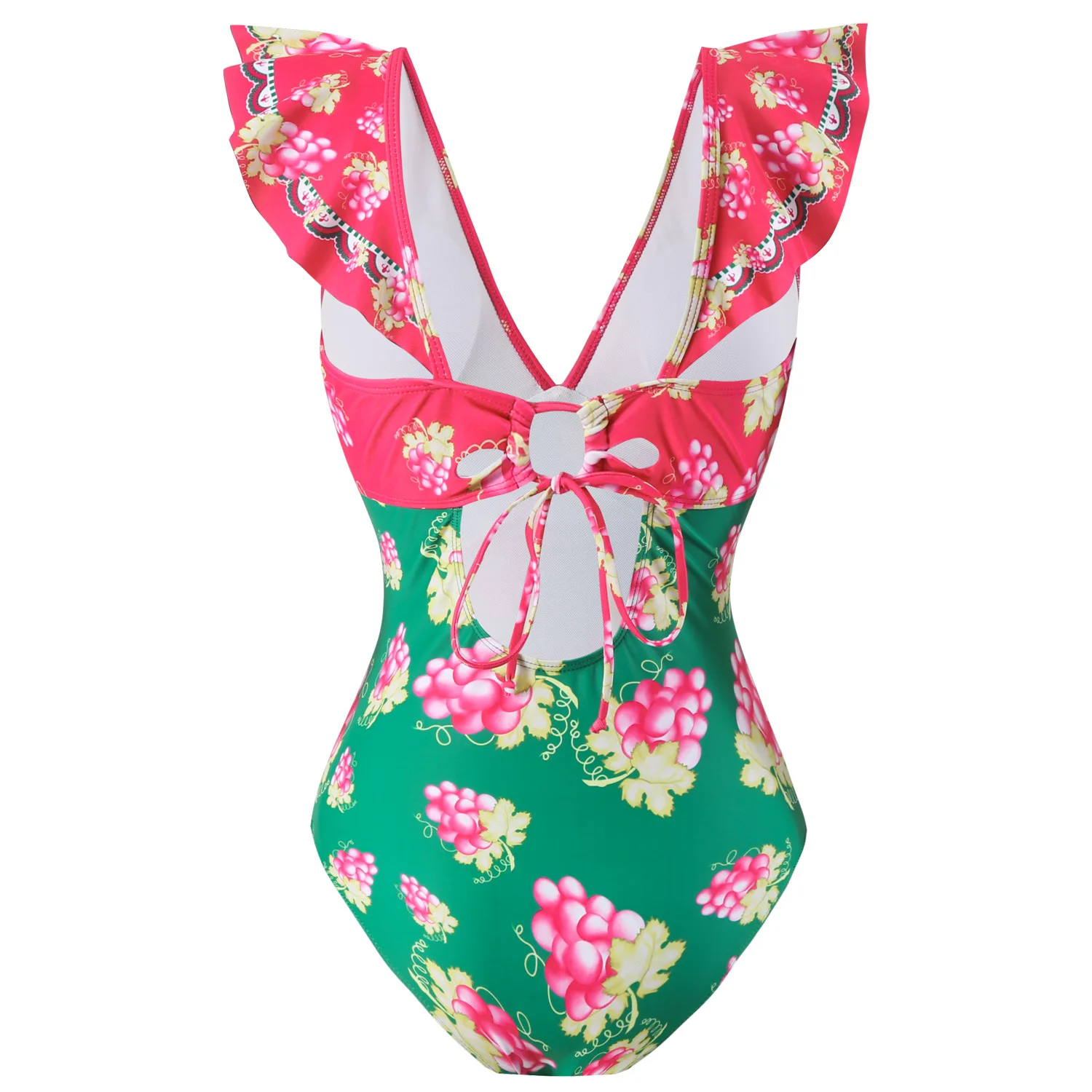 Ruffle swimwear de verão para mulheres, maiô, biquíni de quimono, maiô encobrimento, monokini de uma peça V profundo, roupa de praia estampada Dongbei, 2 peças, 2024