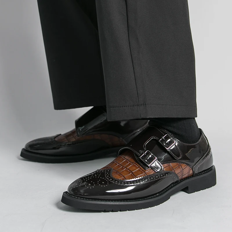 Premium Men's Croc Embossed Patent Leather Brogue Shoes 38-46 Men's Double Monk Buckle Strap Formal Party Business Oxford Shoes