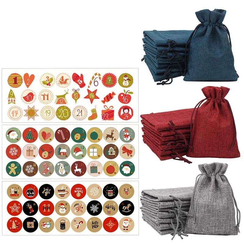 

12pcs/set Wine Bags Red Wine Bottle Covers Gift Champagne Pouch Burlap Packaging Bag Wedding With Christmas Stickers