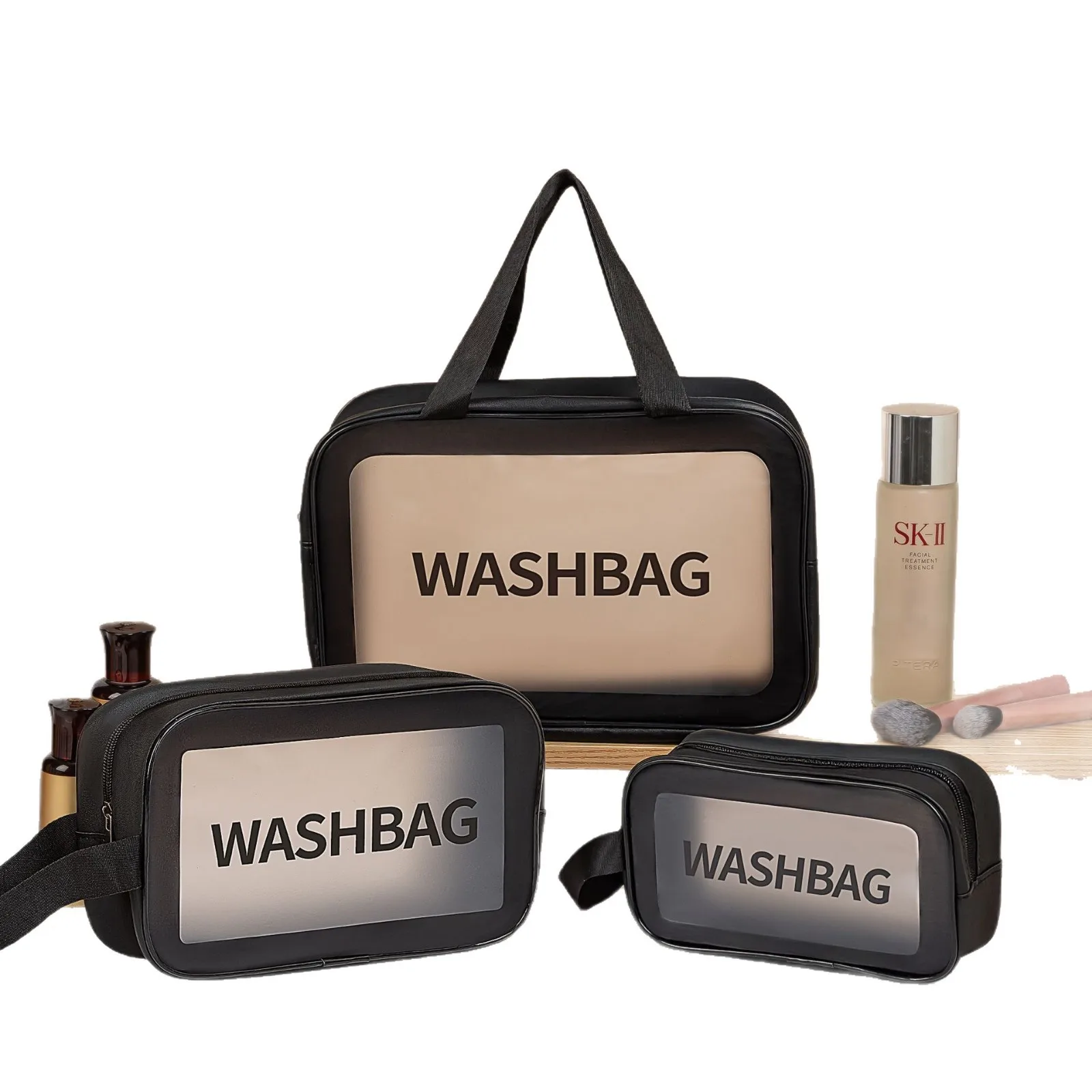 Homefish Pu Transparent Three Piece Makeup And Toiletries Bag, Large Capacity Pvc Semi Transparent Frosted Portable Storage Bag