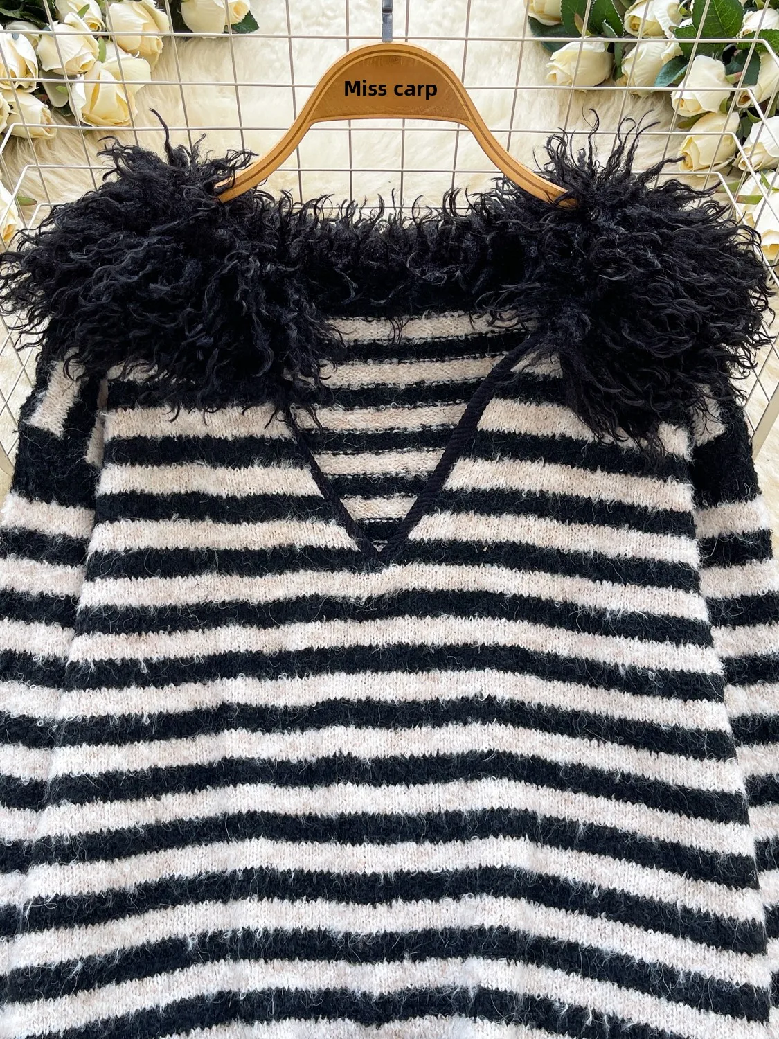 Dongda Gate سترة نسائية محبوكة فضفاضة V-Ne لون Blo شريط Faion خريف شتاء دافئ حراري طويل Sve