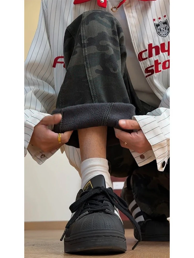 American Camouflage Logging Work Pants Men's Winter Fleece High Street Flared Thickened Jeans Low Waist Zipper Closure