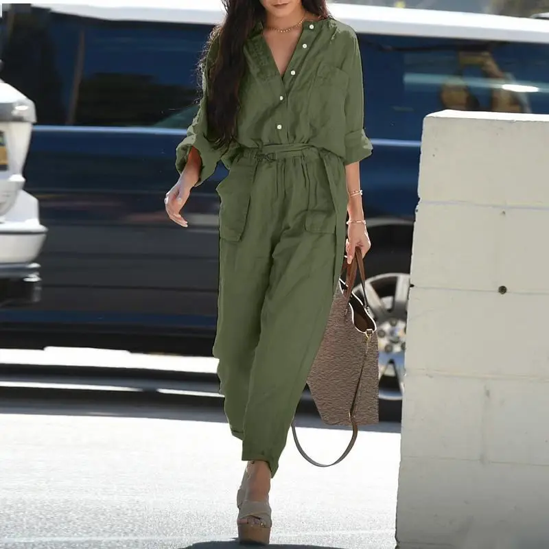 Spring and Fall New Lapel Single-breasted Loose High-waisted Jumpsuit Women Waist Slimming Cargo Jumpsuit