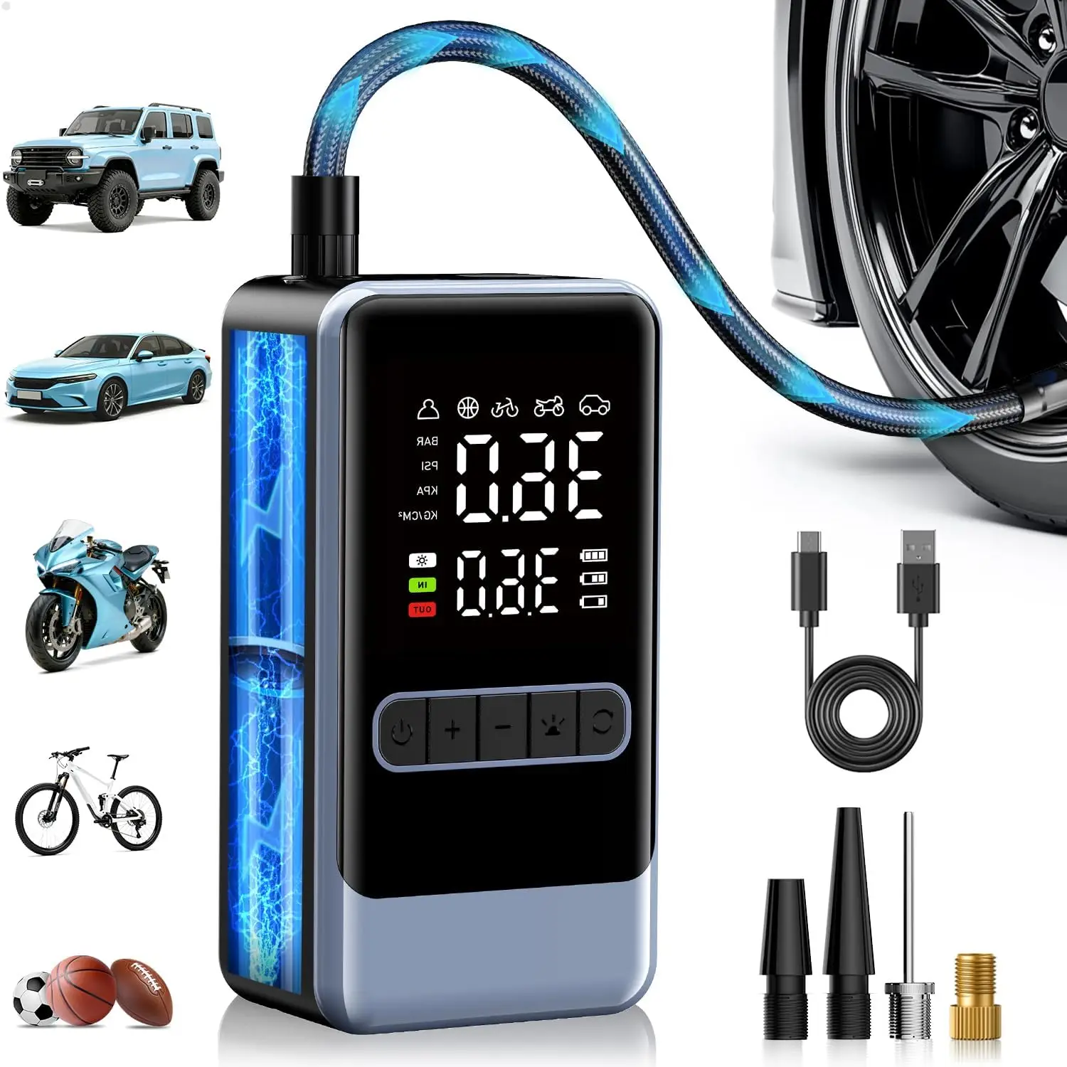 

Portable Tire Inflator 150PSI Air Compressor with Digital Gauge & LED Light for Car, Bike, Moto