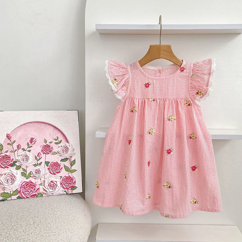 2026 Sommer 0-24M Baby Mädchen Flügelärmel Baumwolle Stickerei Baby Body 2-6 Jahre Süße Partykleider Schwesterkleidung – Detail 8