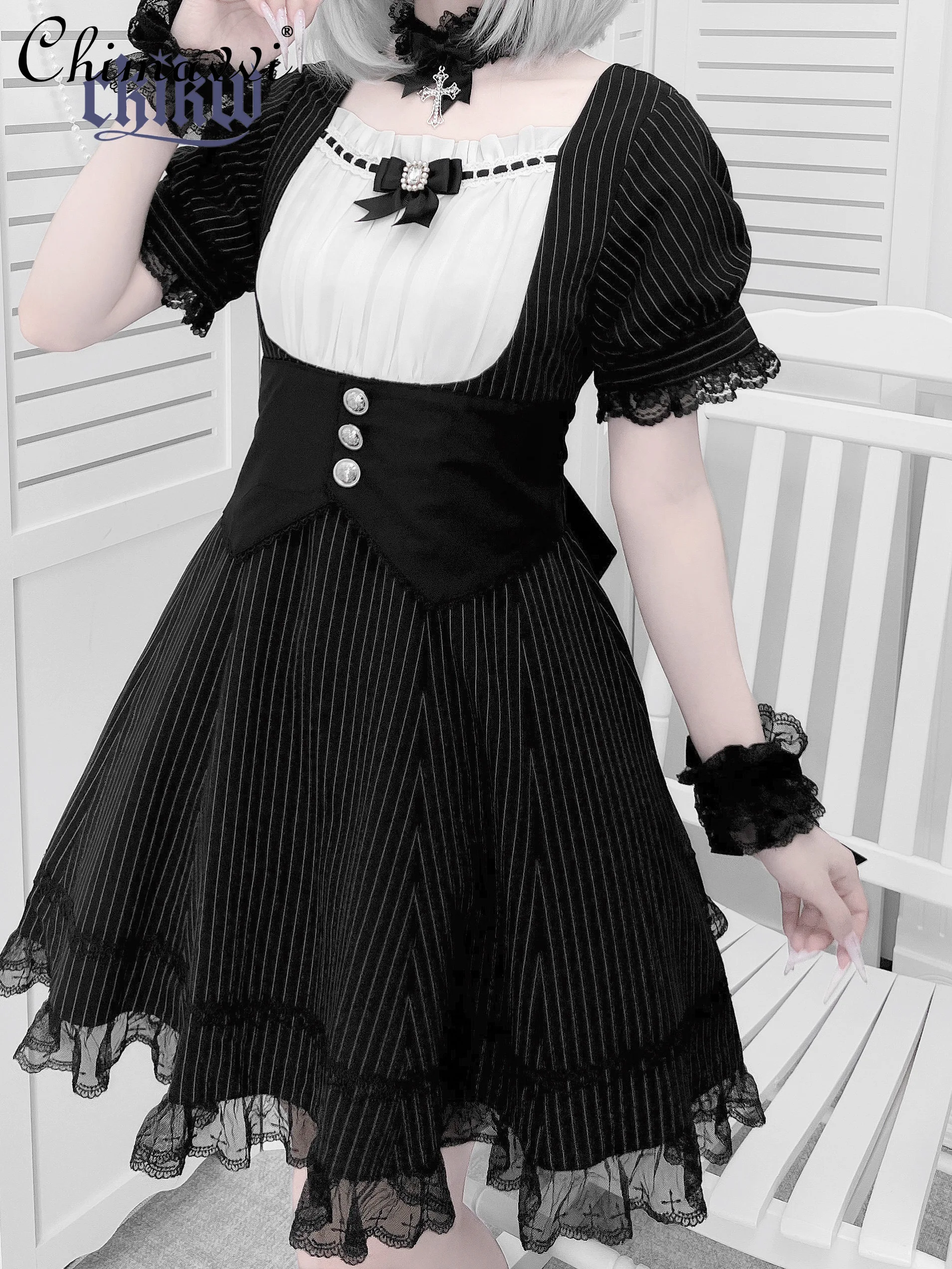 

Japanese Subculture Waist Cincher Maid Dress 2025 Summer New Lolita Sweet Cool Girl Lace Slim Fit Elegant Short Sleeve OP Dress
