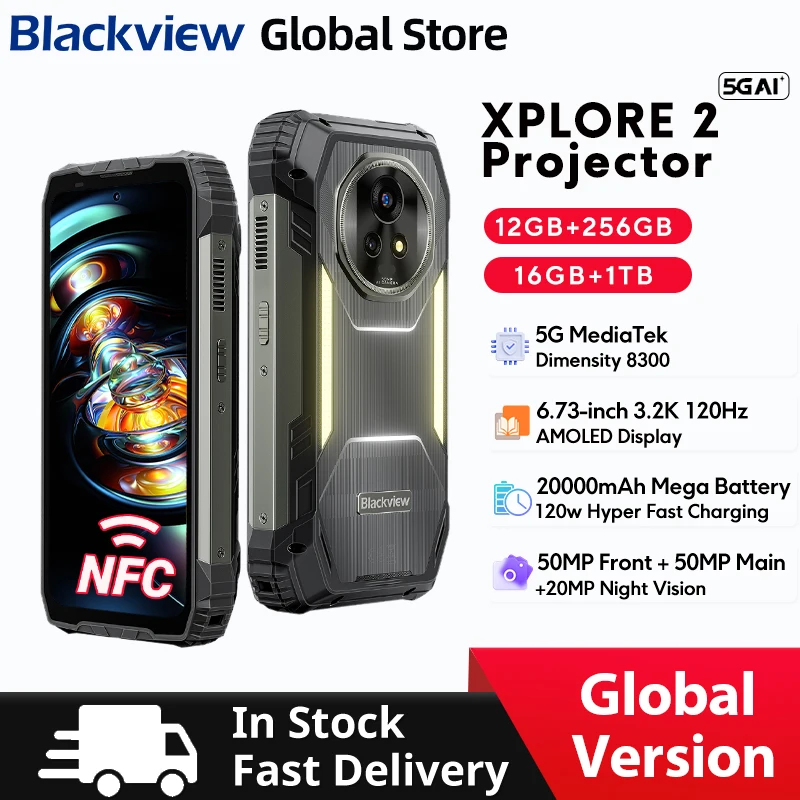 Blackview XPLORE 2 Projector 5G AI RuggedPhone MediaTek Dimensity 8300 6.73” 3.2K AMOLED Display 20000mAh 120W Charger Cellphon