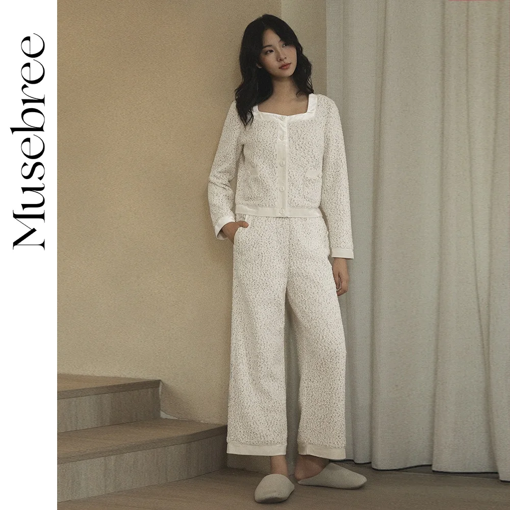 Musebree Women's Light Luxury Premium Pajama Sets Ladies Velvet Patchwork Long Sleeve Pajamas Square Collar Women Loungewear Set