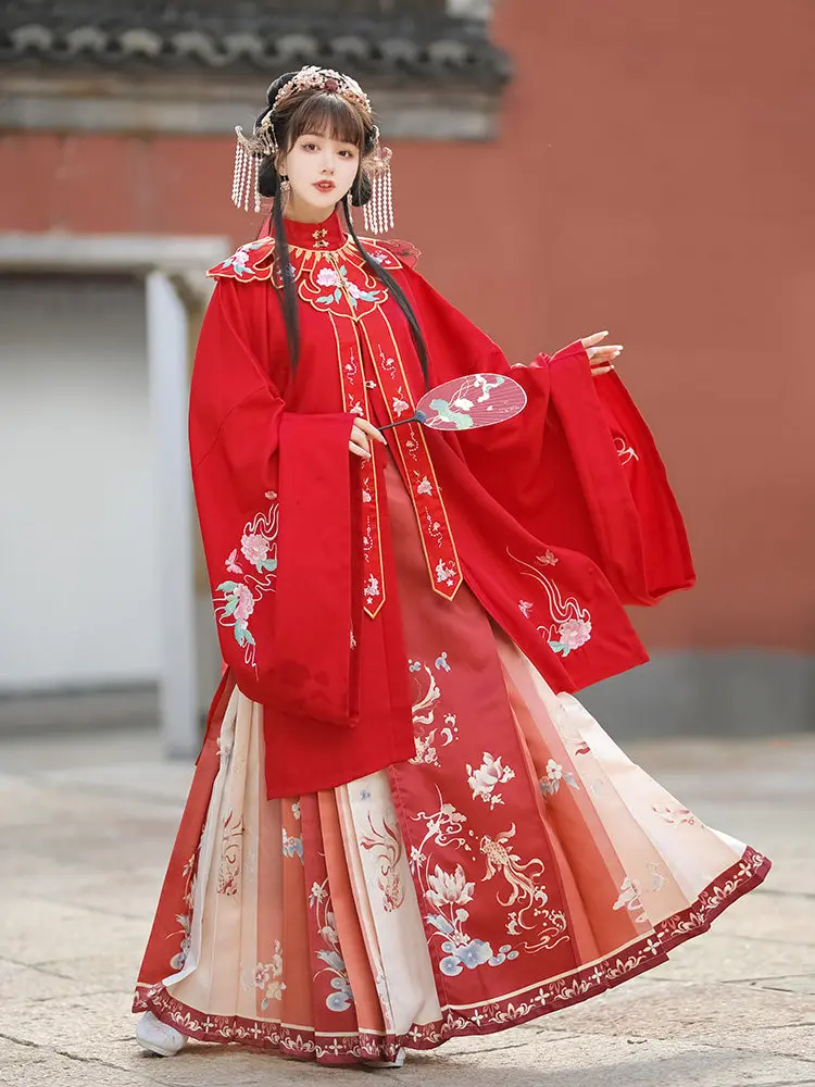

Women's Ming Style Hanfu Set, Stand Collar, Autumn Winter, Chinese Wedding Bridal Mamianqun Dress
