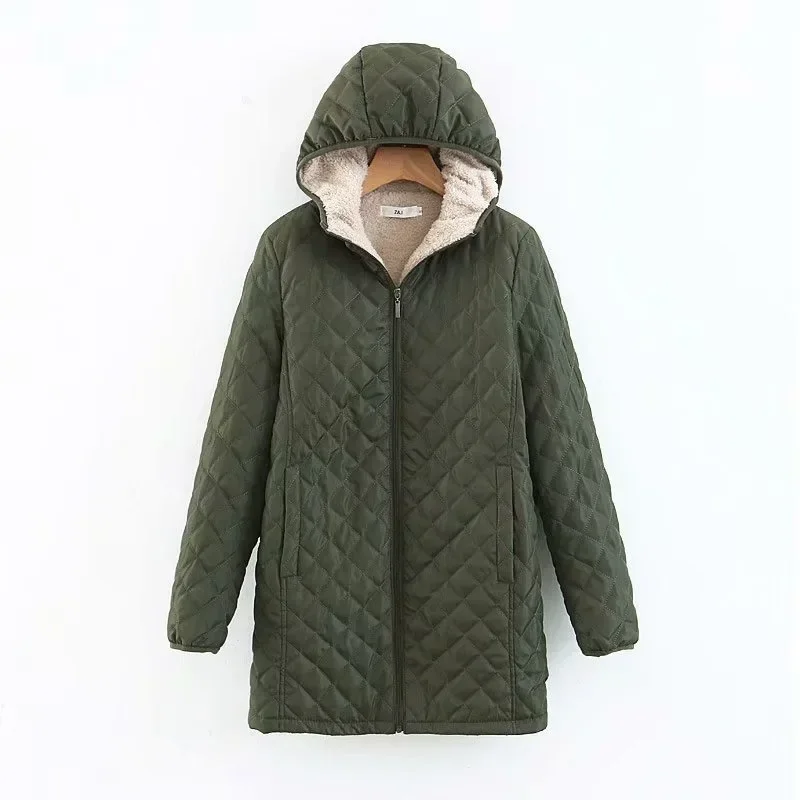 2024Autumn/Winter New Hooded Warm Lamb Fleece Long Sleeve Cotton Jacket Cotton Jacket Size Up Coat Women\'s Medium Long Checkered