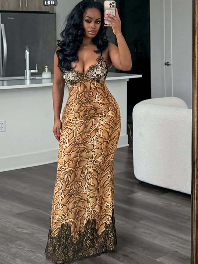 คริสซีสซีน ​ เดรสยาวลายหนังงูเซ็กซี่สำหรับผู้หญิง คอวีลึก แต่งผ้าลูกไม้สีดำ สายเดี่ยวรัดรูป ชุดราตรี
