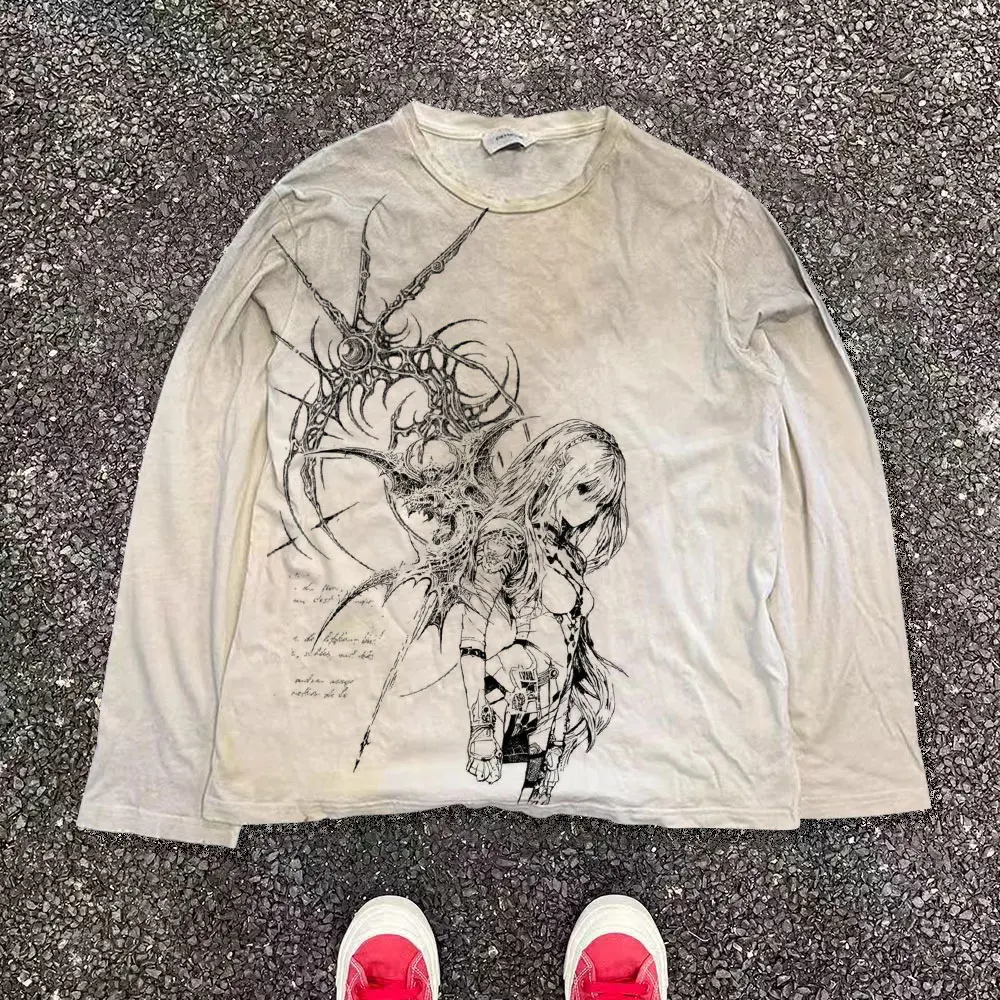 Dark Style Long T-Shirt 180G Dirty Cotton Casual Loose Fit Men Women Universal Breathable round Neck Character Print T-Shirt