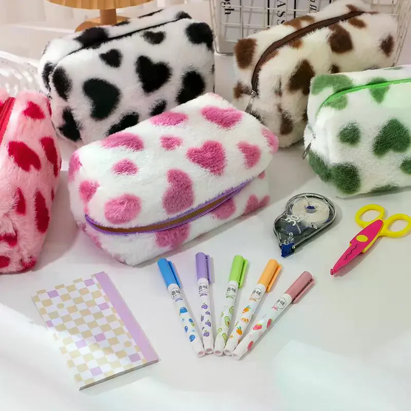 Cute Sweet Heart Pattern Plush Pencil Case Girly Women Large Capacity Cosmetic Bag Travel Portable Storage Bags Organizer Gifts
