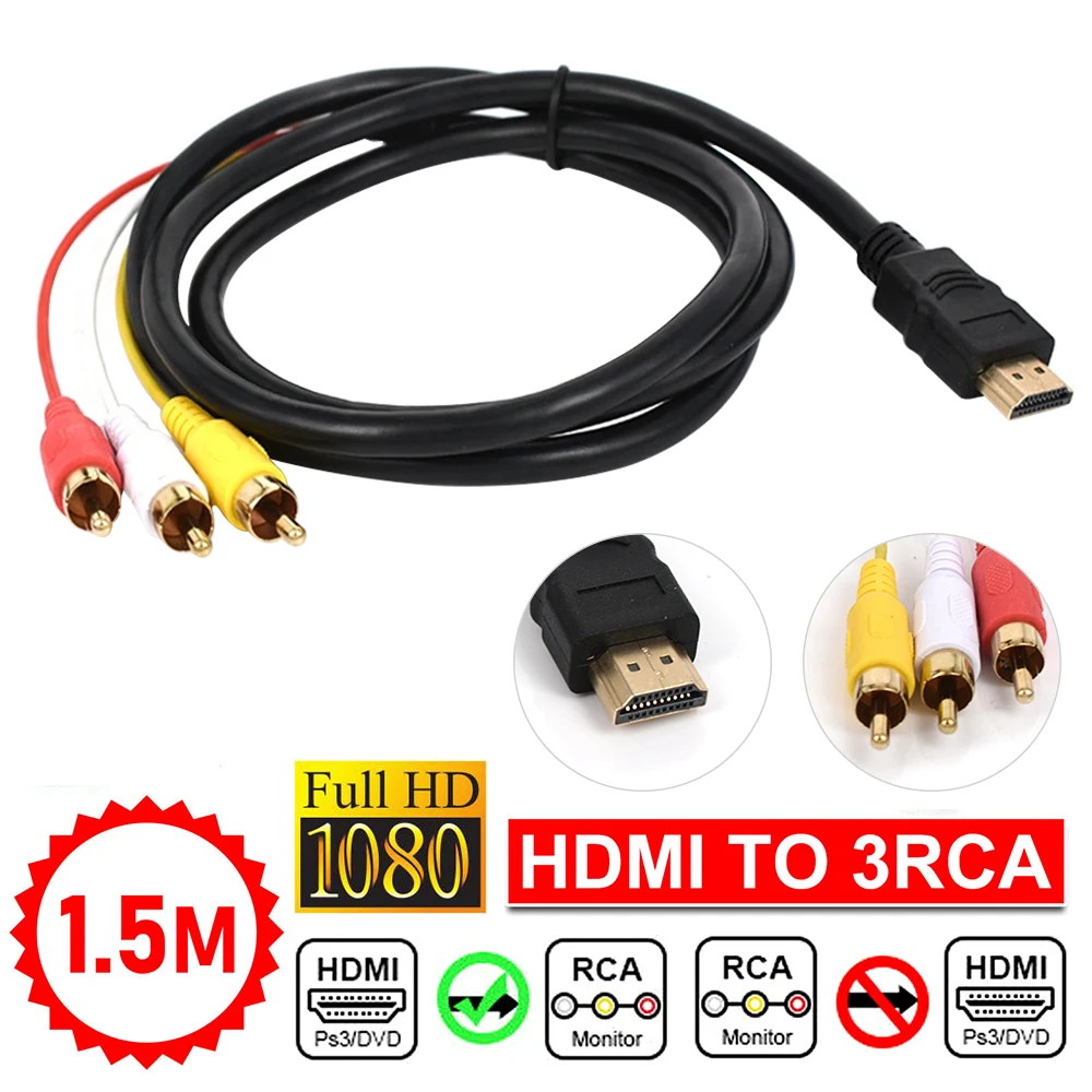 HDTV 1080P Component 3 RCA to HDMI Male Audio Video AV Converter Adapter Cable