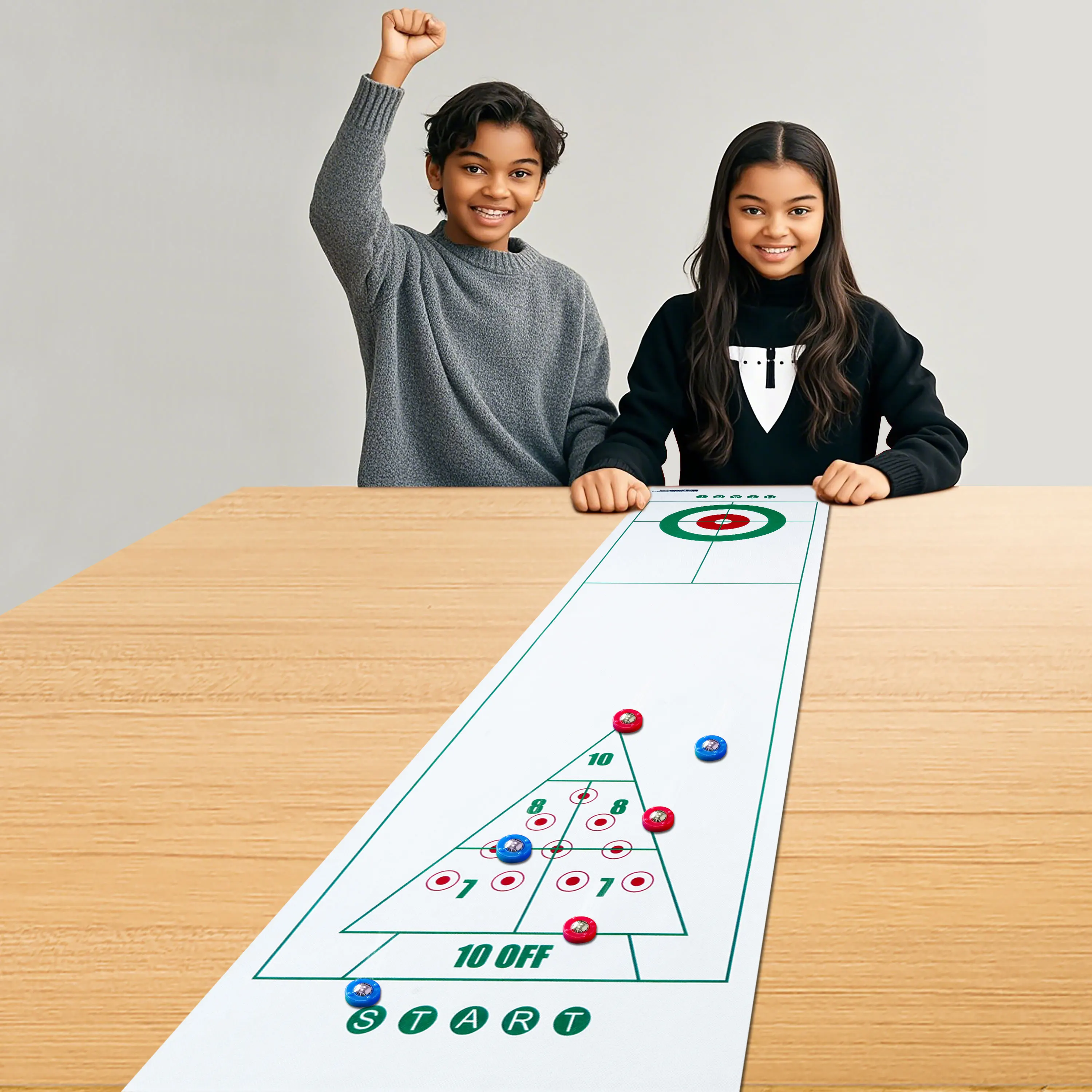 

Игровой набор 3 в 1 для керлинга/шафлборда/гри для кровалинга — захватывающие семейные развлечения с 6 яркими роликами