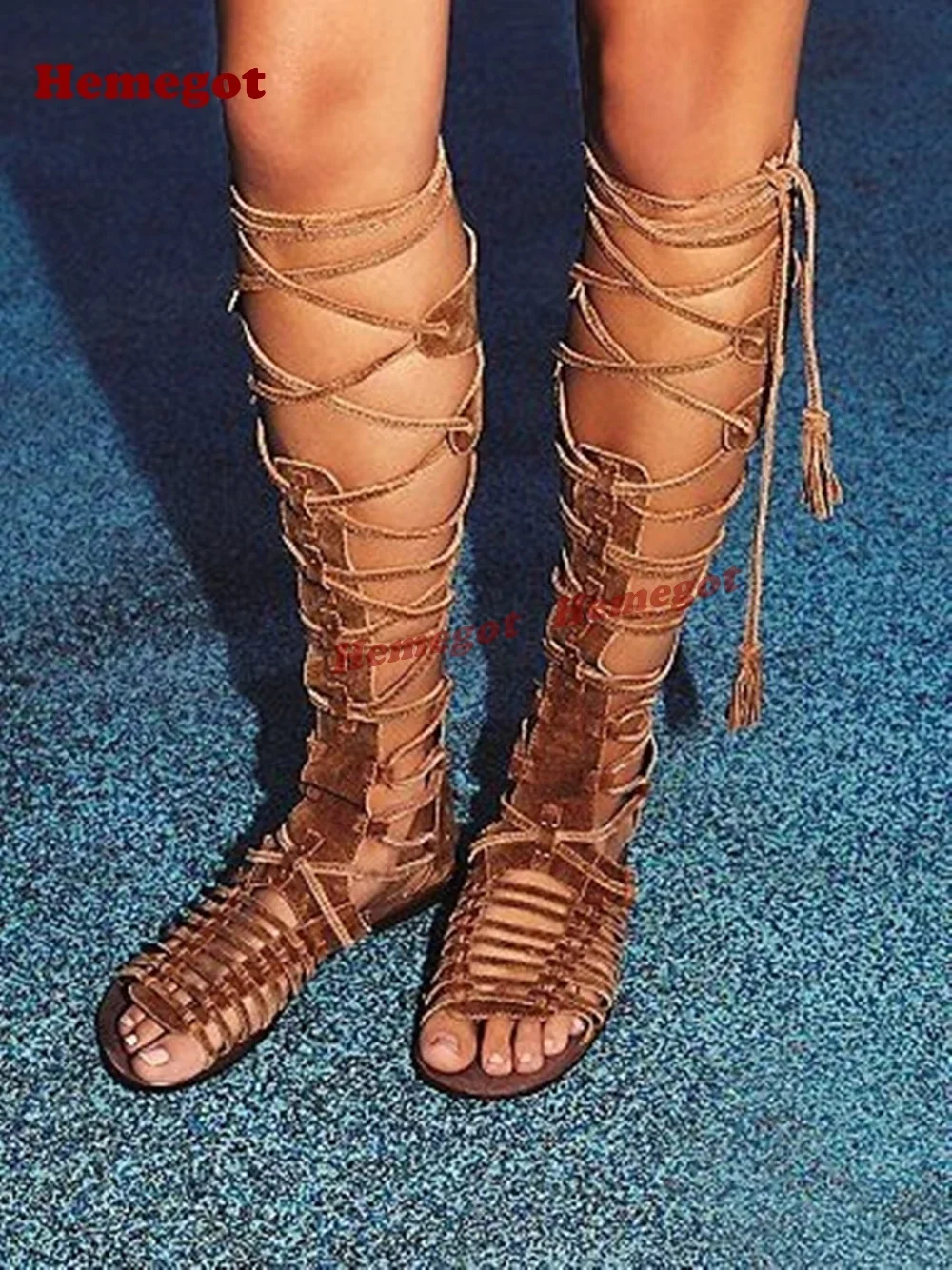 Army Green Cut-Out Sandals Peep Toe Flat with Cross Tied Women's Sandal Boots Gladiator Lace-Up Suede Luxury Runway Shoes Sexy
