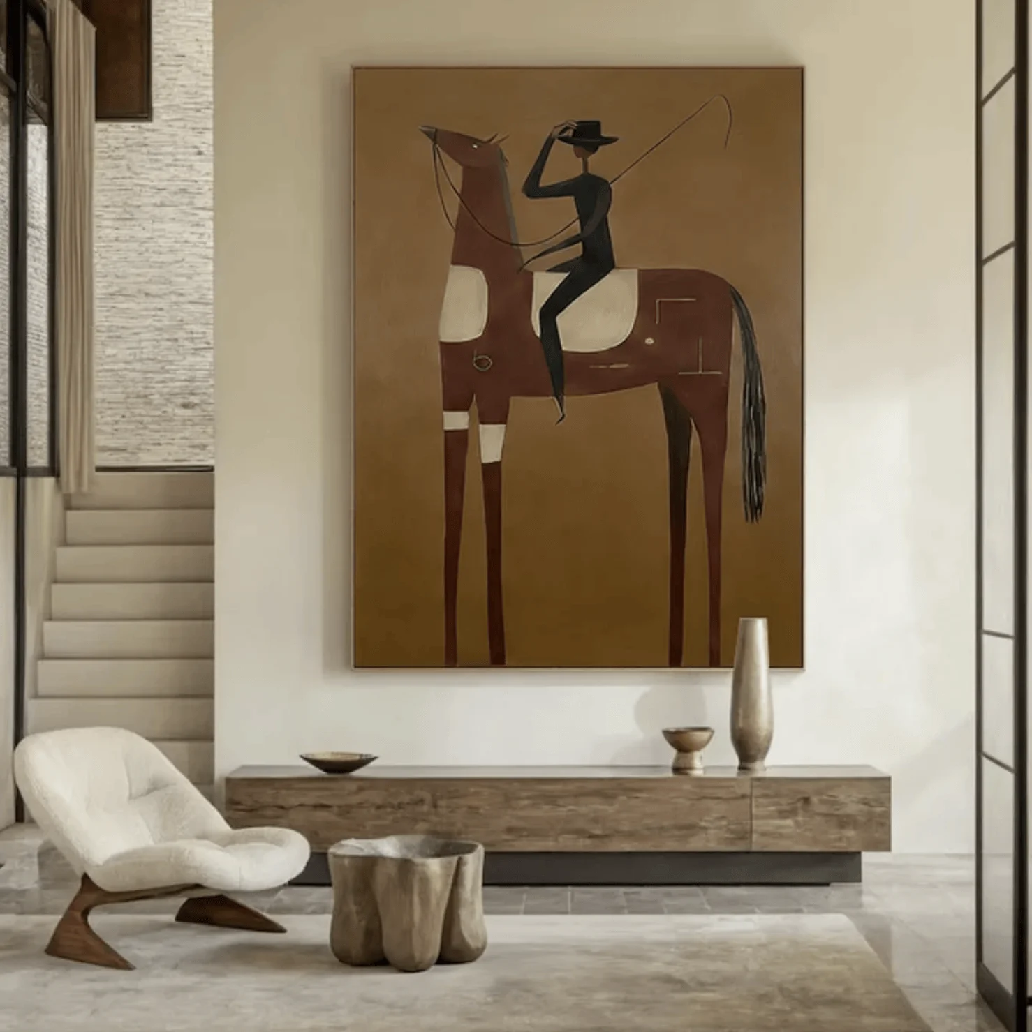 Abstract Cowboy Rider On Horse Wall Art Canvas Prints, Western Figurative Posters, Earth Tone Decor for Living Room Decor