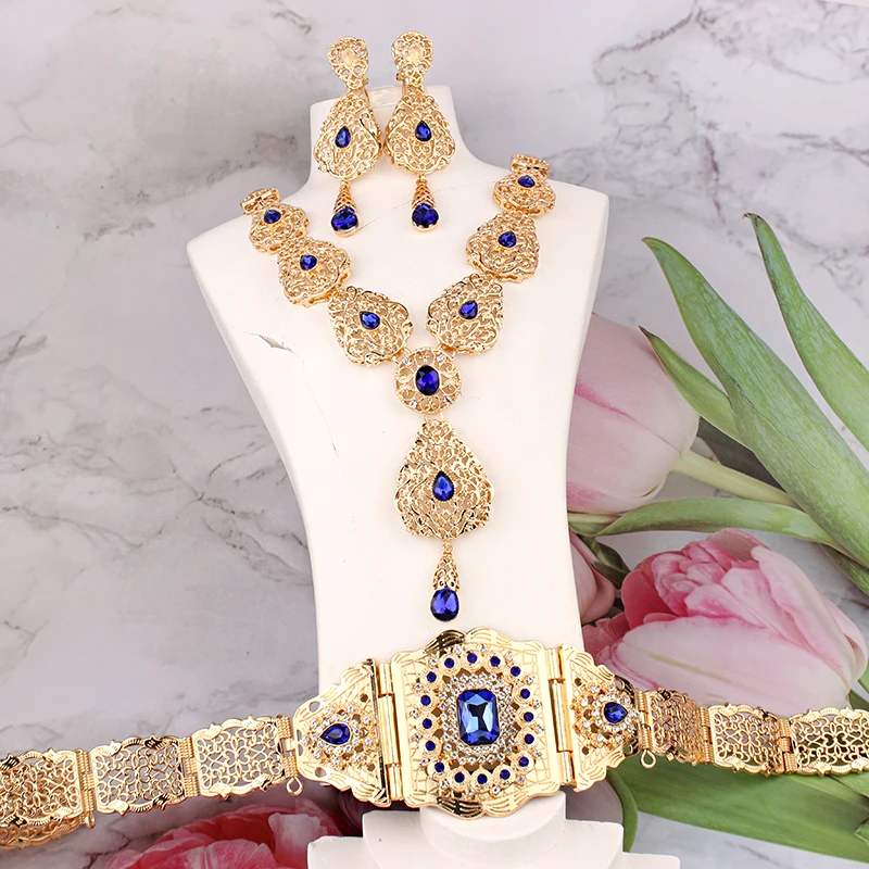 New Moroccan Wedding Jewelry Set Gold Plated Blue Crystal Accesorios Mujer Collar Y Aretes Ethnic Bridal Jewelry Sets