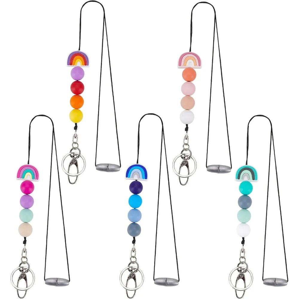 5Pcs 5 Colors Rainbow Silicone Beaded Lanyards, Boho Neck Lanyard Necklaces with Alloy Key Hook for School Card, Key, Employee