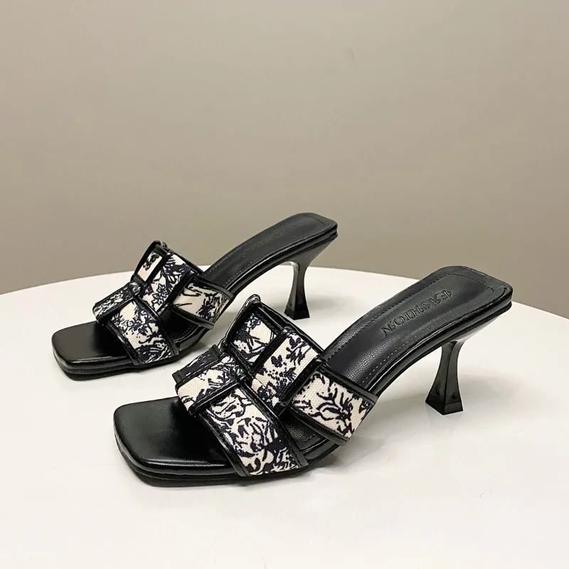 2024 New summer stiletto slippers, square toe, open toe, sexy high heel with print, stylish and comfortable