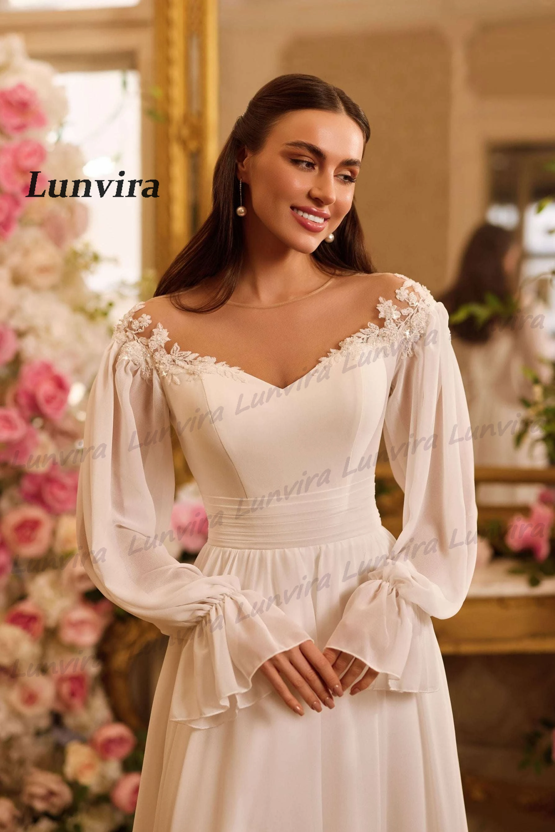 Lunvira Trendy Puff Sleeves Wedding Gown O-neck Chiffon Slit Lace Appliques Pleat Mermaid Zipper Robe De Mariee Customized