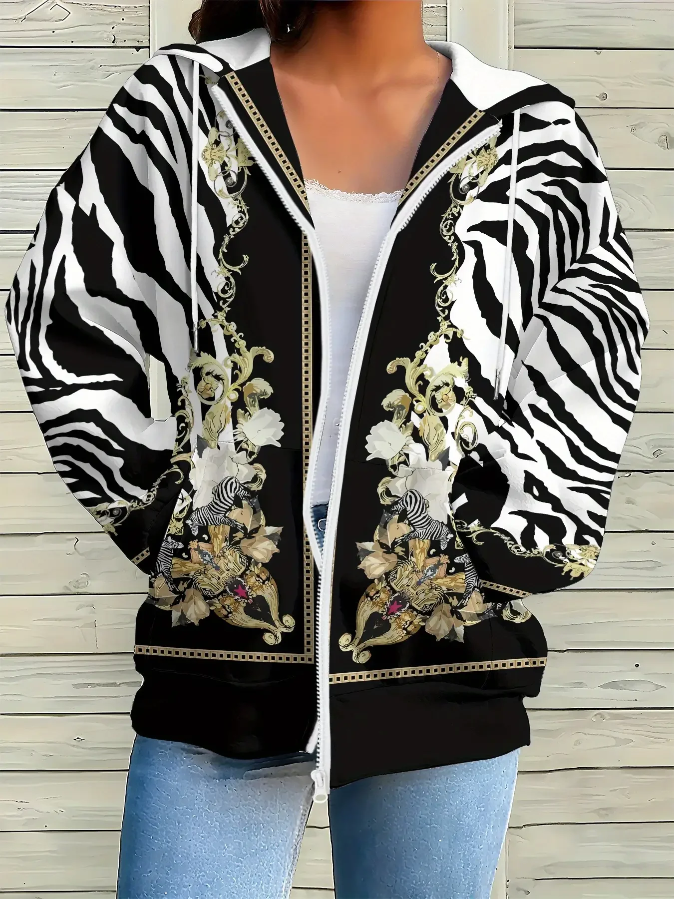 

2026 Autumn/Winter New Internet Celebrity Versatile Coat Fashion Girls' Hooded Women's Black and white abstract patterns