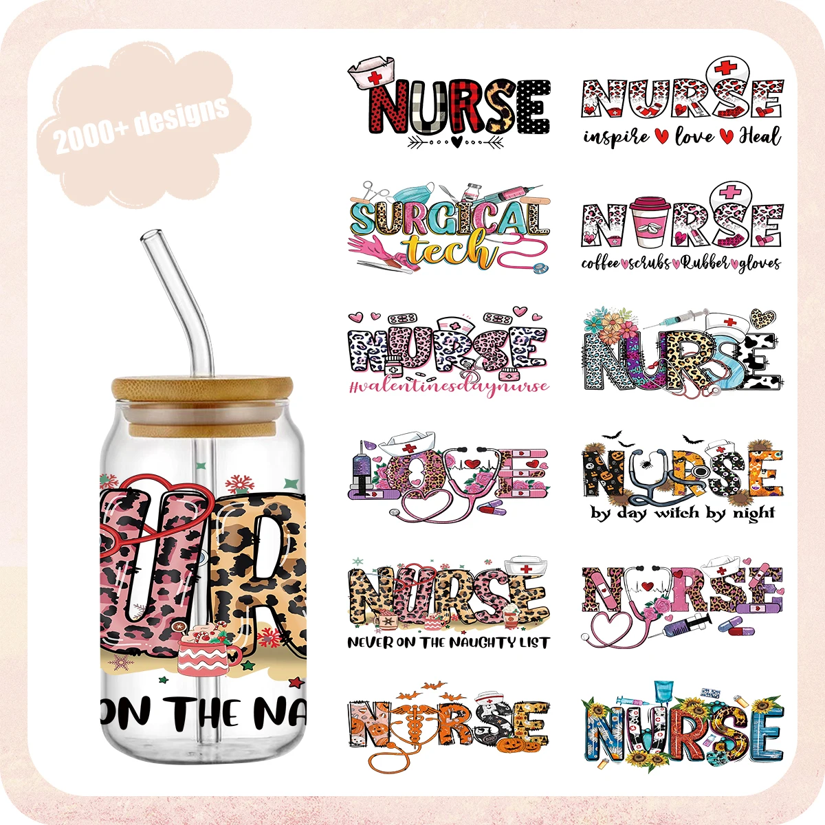 

UV DTF Nurse Fuel Transfer Sticker For Wraps Cups Waterproof DIY Stethoscope Pill Needle Barrel Electrocardiogram Custom Decals