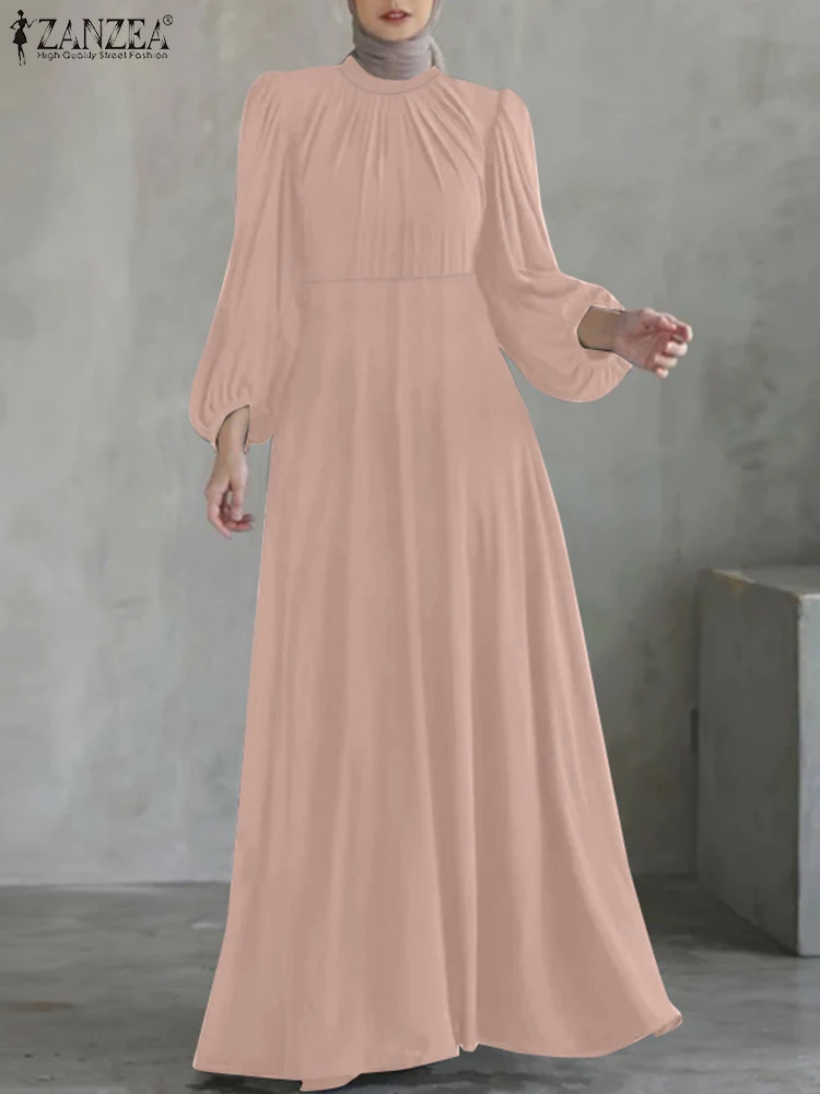 

ZANZEA Modest Fashion Lantern Sleeve Party Maxi Dress Islamic Elegant Muslim Fitted Waist Vestidos Women Hijab O-Neck Abaya Robe