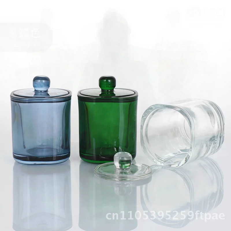 Transparent Straight Candle Cup with Lid Colored Glass Home Decor Aromatherapy Shading Simple Candle Holder for Blue Green