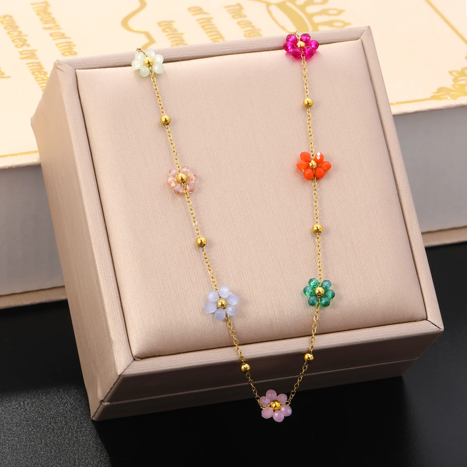 LUXUKISSKIDS Colorful Flower Charms Chain Stainless Steel Necklace Bracelet Set Waterproof Dainty Summer Ins Exquisite Jewelry