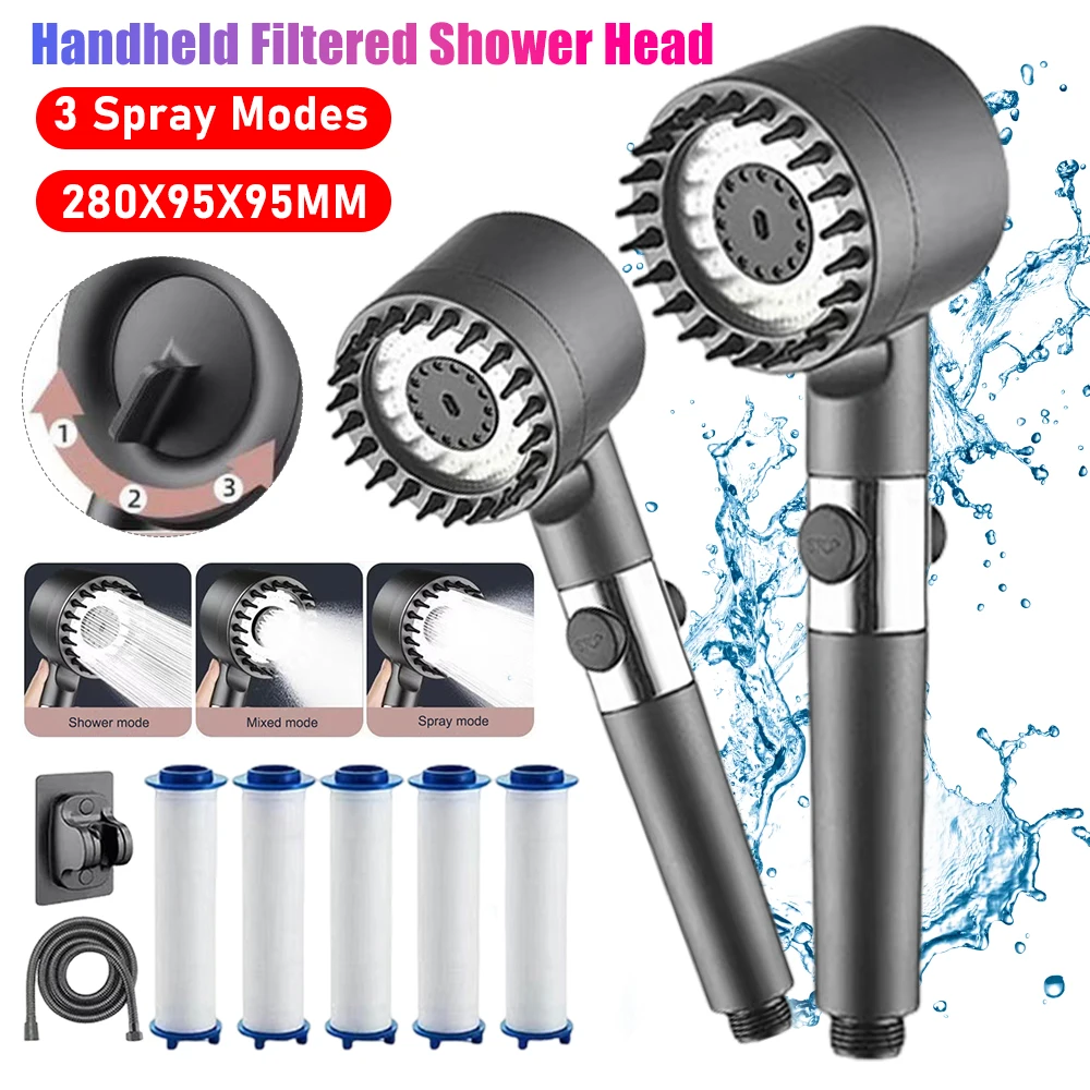 

Handheld Filtered Shower Head With 3 Spray Modes Pressure ON/OFF Switches & 18-Stage Water Softener Filter Bathroom Accessories