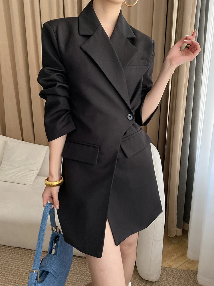 TWOTWINSTYLE Solid Dresses For Women Notched Collar Long Sleeve High Waist Asymmetrical Mini Summer Dress Female Fashion 2023