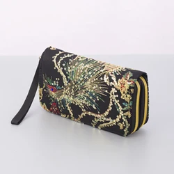Stylish Dual-sided Embroidery Wallet with Intricate Peacock Design and Long Zipper Pocket for Cash and Mobile