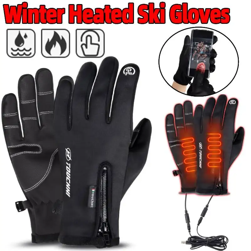 USB Touch Screen Gloves Heated Thermal Motorcycle Gloves Windproof Winter Warm Ski Gloves Outdoor Anti-Slip Electric Hand Warmer