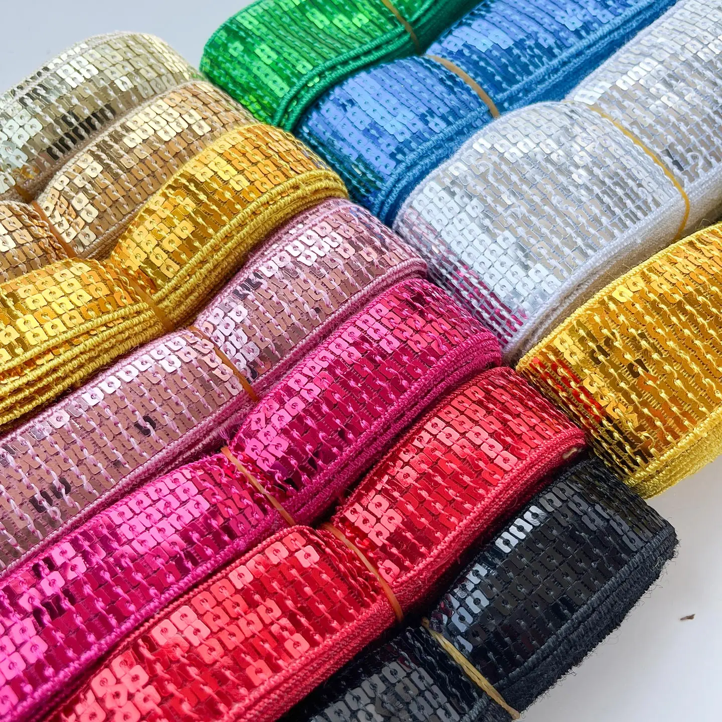5 Rows and 9 Rows of Gold, Silver, Red, Blue, Green, and Purple Square Sequins with Barcode and Shiny Wide Border Lace for Clothing Decoration