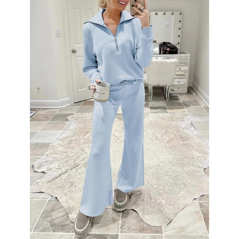 Casual Womens Outfit Set Long Sleeve Sweatshirt and Wide Leg Pants Two Piece Set