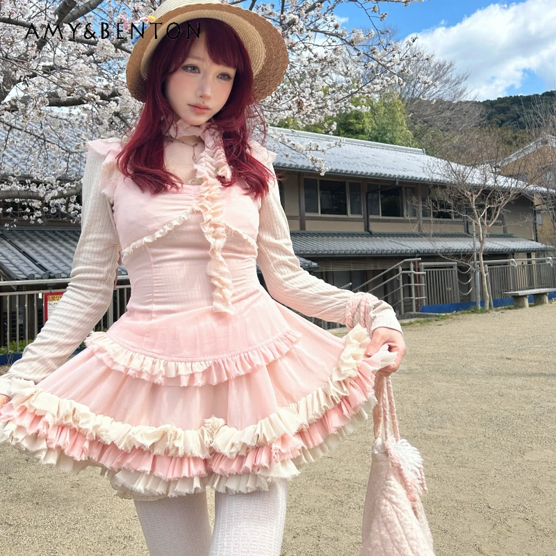 

Korean Pink Chiffon Ruffled Flutter Sleeve Women's Top Spring Summer New Sweet Cute Age-Reducing Puffy Cake Skirt Set Ladies