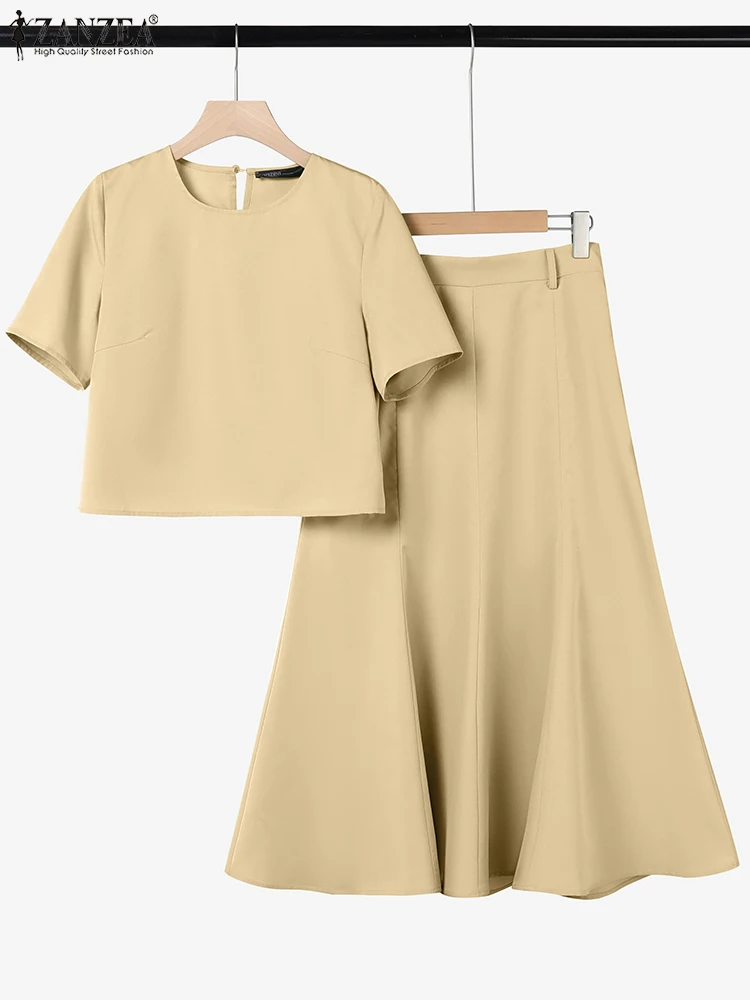

ZANZEA Casual Elegant 2PCS Outfits Short Sleeve O-Neck Tops Womens Commute Solid A-line Midi Skirts Suits Office 2 Piece Sets