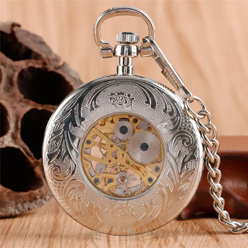 Silver Antique Men Women Skeleton Handwinding Mechanical Pocket Watch Roman Number Dial Fob Chain Relogio De Bolso