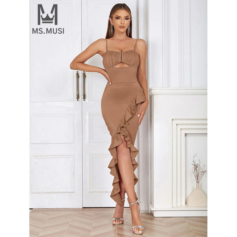 

MSMUSI 2024 New Fashion Women Sexy Strap Falbala Ruffles Draped Hollow Out Slit Sleeveless Bodycon Party Club Event Midi Dress