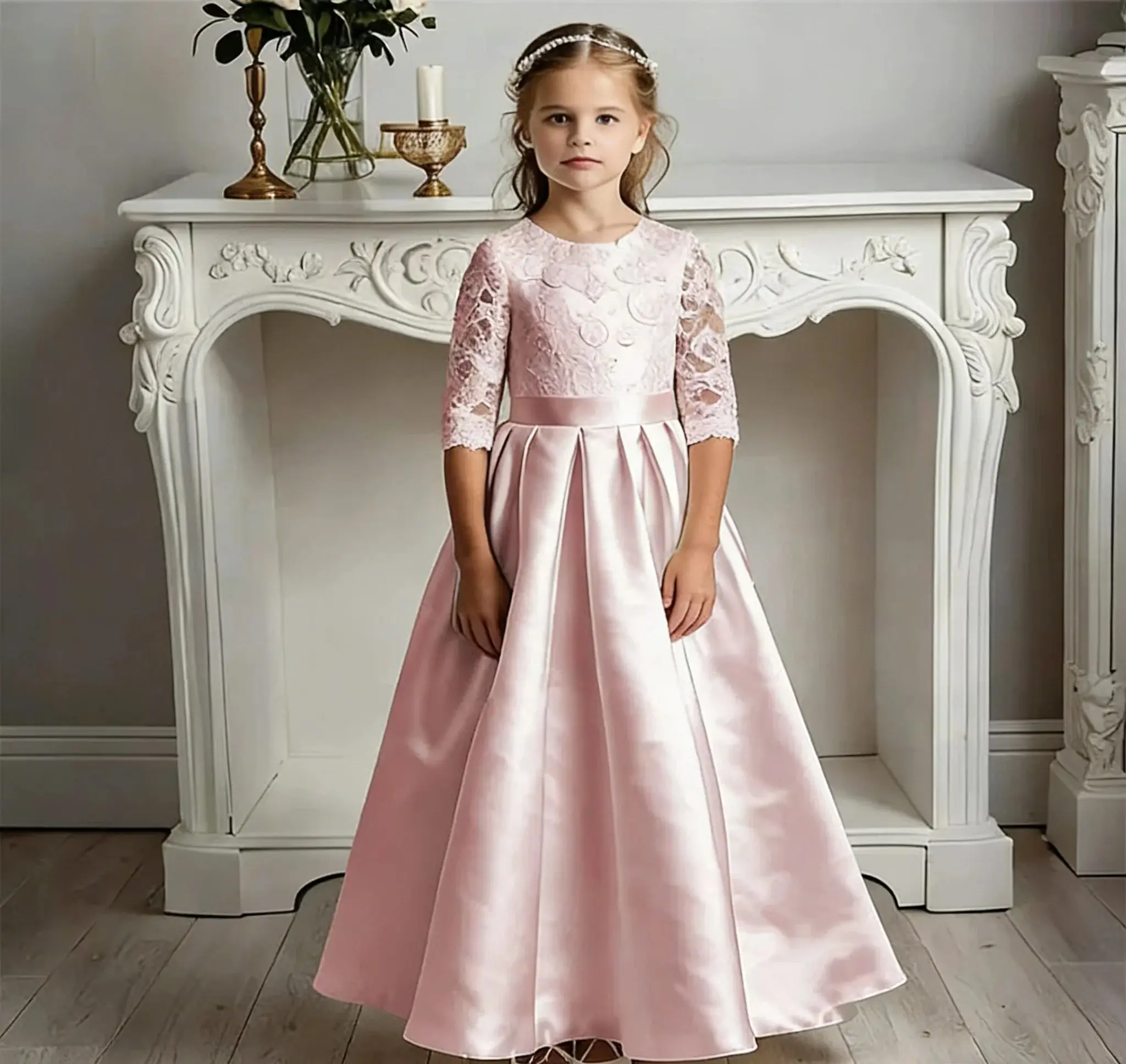 Elegant Customized Flower Girl Dress for Wedding Satin Lace Printing Floor Lenght First Communion Gowns Kids Birthday Party